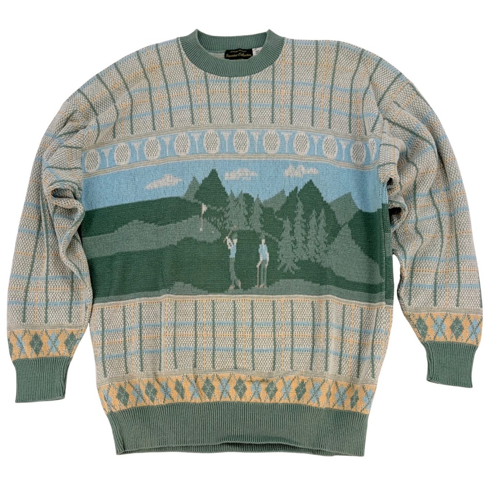 Van Heusen Golf Scene Knit Sweater XL Green Vintage Retro Grandpa Core